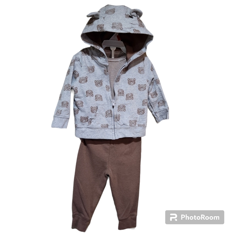 Carter's Baby 3 Piece Jogger Set Teddy Bear Zip Up Hoodie Bodysuit Size 9M